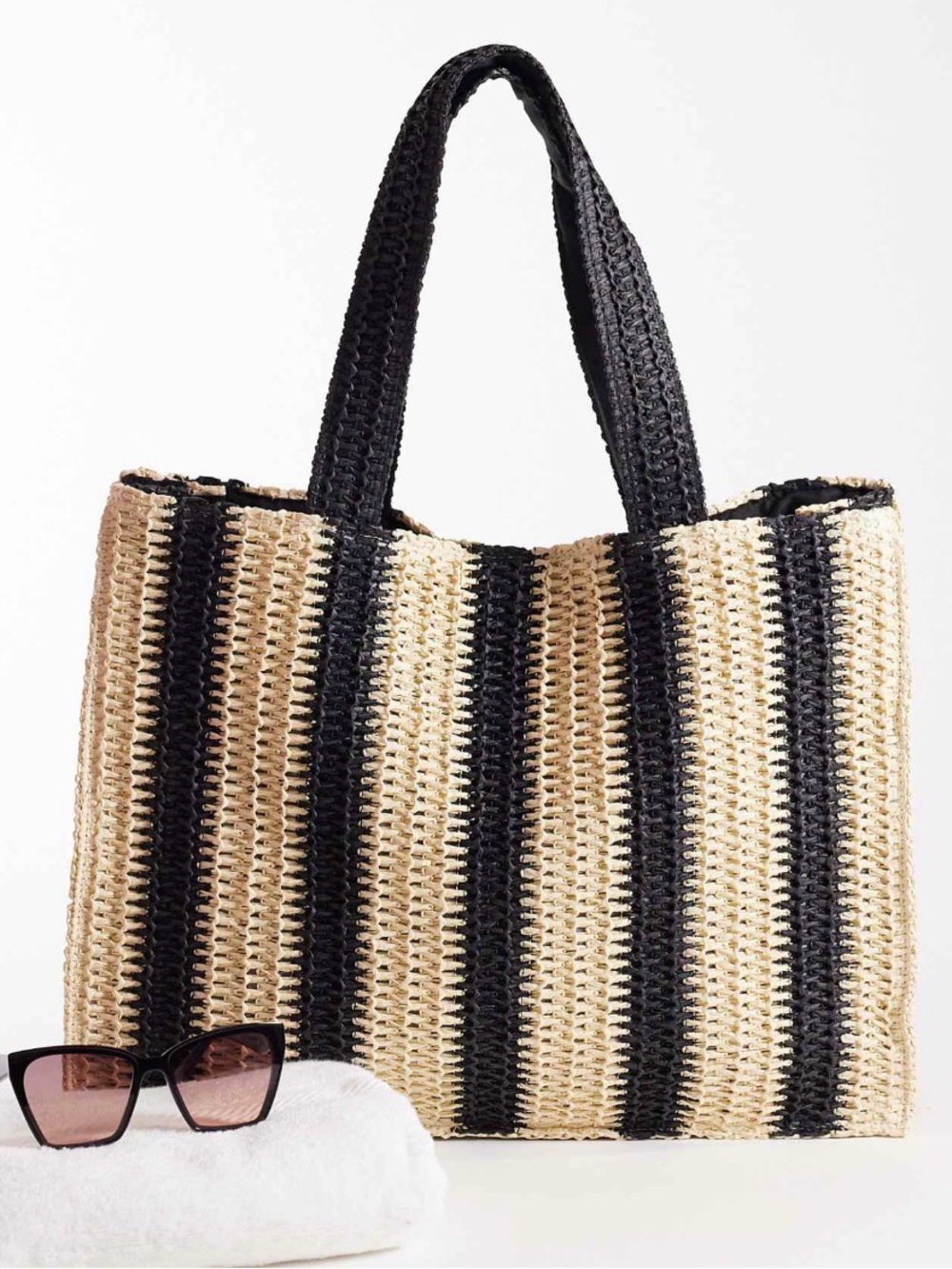 Striped Black and Natural Woven Tote Bag